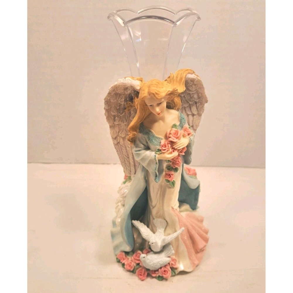 Vintage Angel Resin Vase with Roses and Doves Colorful NIB!